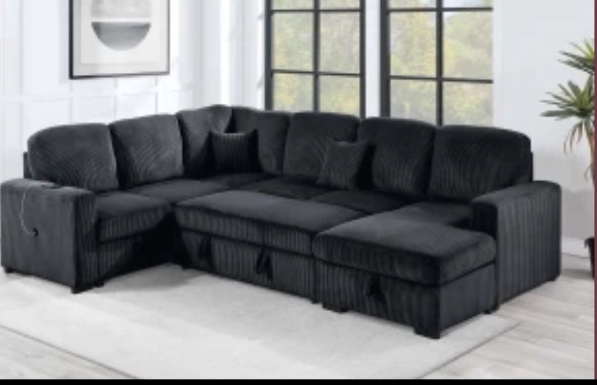 $649-4Piece Convertible Sectional Sleeper Sofa ,Chaise Storage ,Sofa Storage & USB Ports 98” x 103” x 61” x36”H