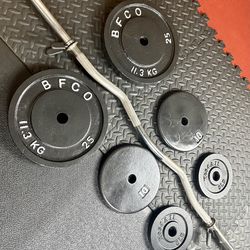 Standard Curl Bar W/Weight Plates: 25s, 10s and 5s pounders. 85# Brute W.