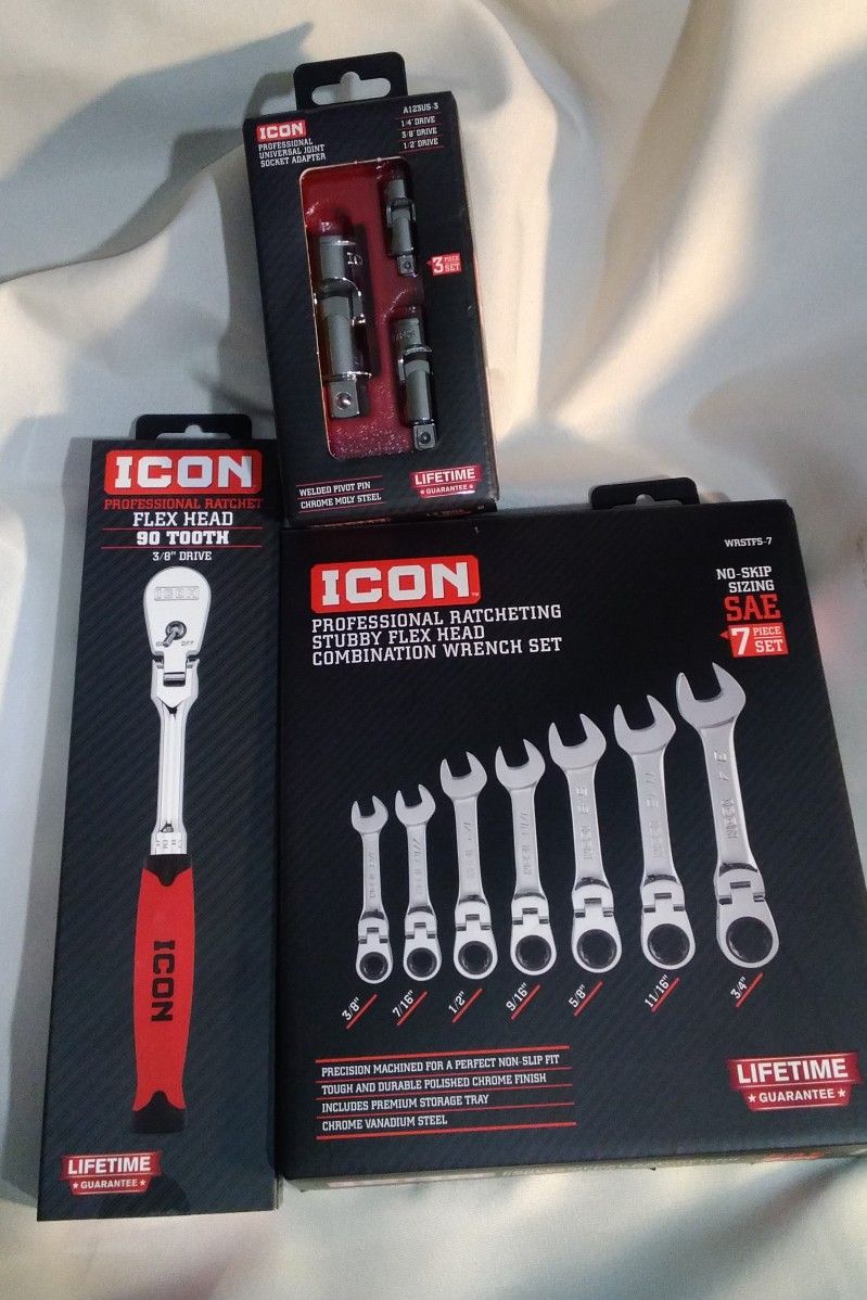 ICON 11 PIECE PROFESSIONAL TOOL BUNDLE WITH RATCHET, 7 PC WRENCH SET 3 PC. ADAPTER SET