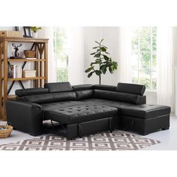 New! Black Sectional Sofa Bed, Faux Leather Sectional, Sofa Bed, Sofabed, Leatherette Sectional Sofa Bed, Sectional And Ottoman, Sleeper Sofa Couch