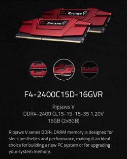 G.Skill Ripjaws V Series 16GB (2 x 8GB) 288-Pin DDR4 SDRAM DDR4 2400 (PC4 19200) Intel XMP 2.0 Desktop Memory Model (F4-2400C15D-16GVR)