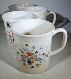 ARC France Floral Mug Set of 4 Vintage White Glass Coffee Cups Royal Treasure True China Dinnerware Made in France