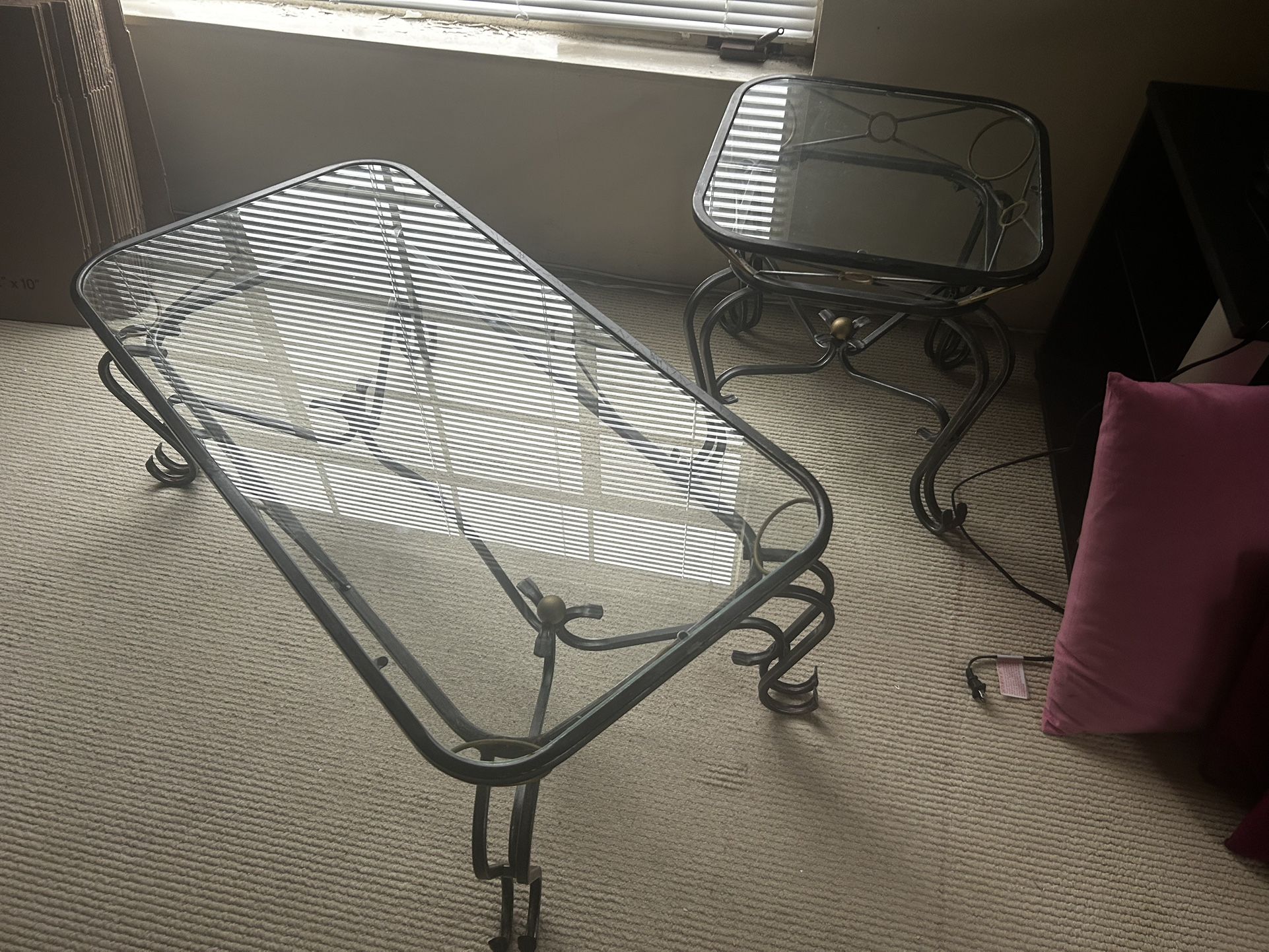 Iron & Glass Coffee Table + Matching End Table Set