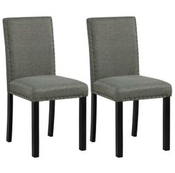 Set of  2 Upholstered Dining Chairs – Gray Fabric – Nailhead Trim – Brand New