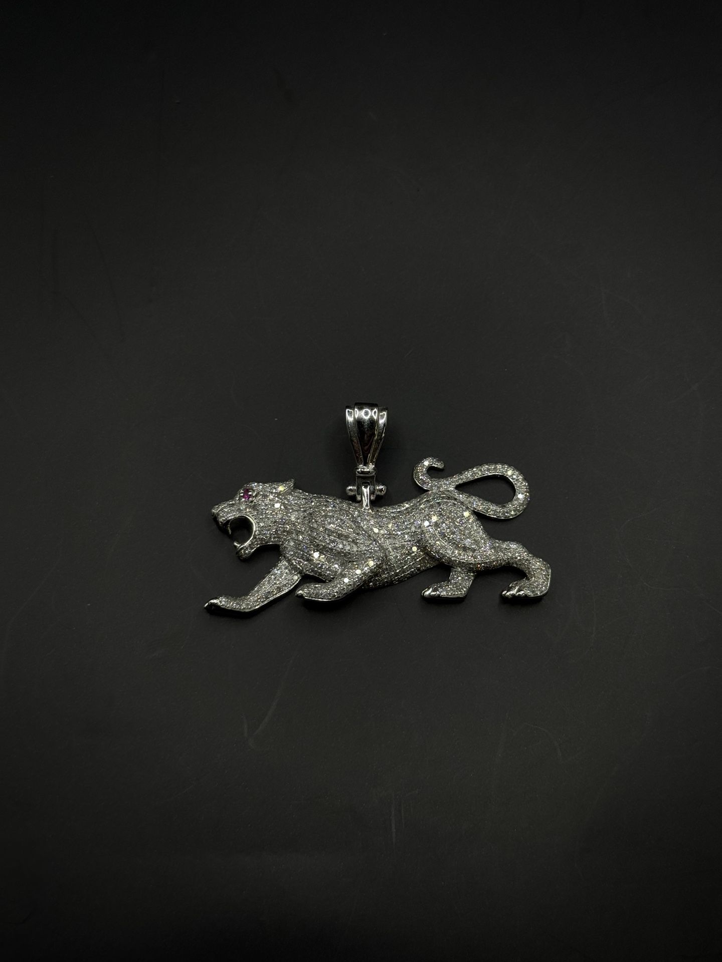 14K White Gold Panther Pendant – 11.60g, 2.50ct Diamonds, Red Eyes