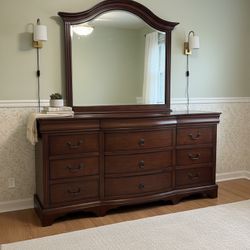Solid Cherry Wood Traditional Dresser w/ Mirror – Bowfront 9 Drawer Bedroom Set
