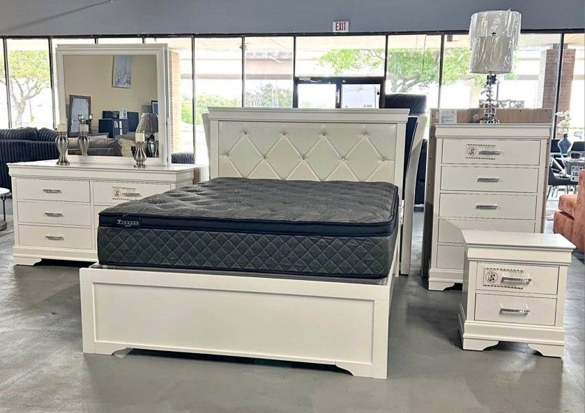 ALL WHITE BEDROOM SET! (BED DRESSER MIRROR NIGHTSTAND) QUEEN $1099!! KING $1195
