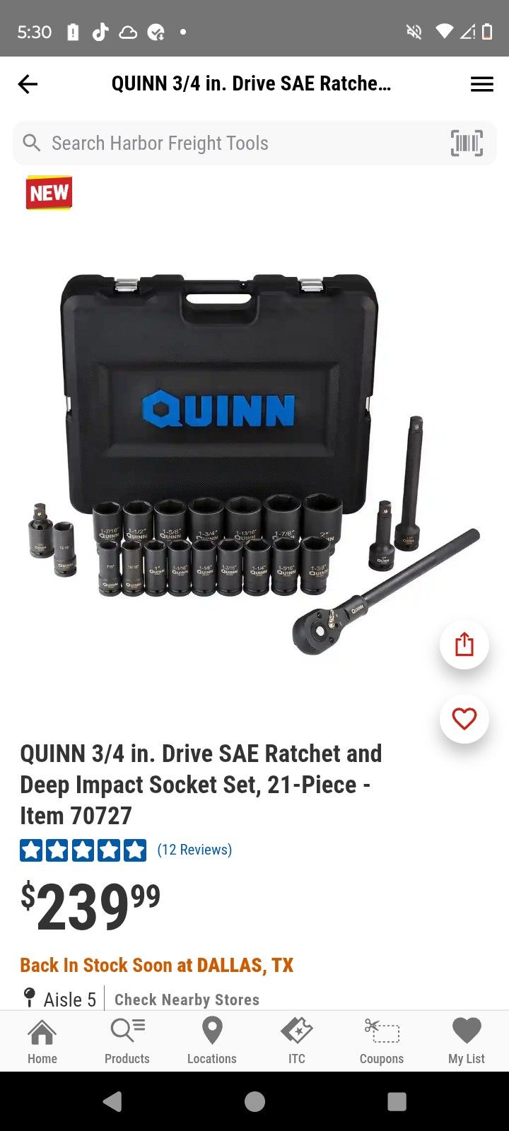 Quinn 3/4 Drive  Ratchet  & Drive Deep Impact Socket  Set