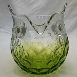 Vintage Mcm Handblown Green Ombré Glass Owl Vase 