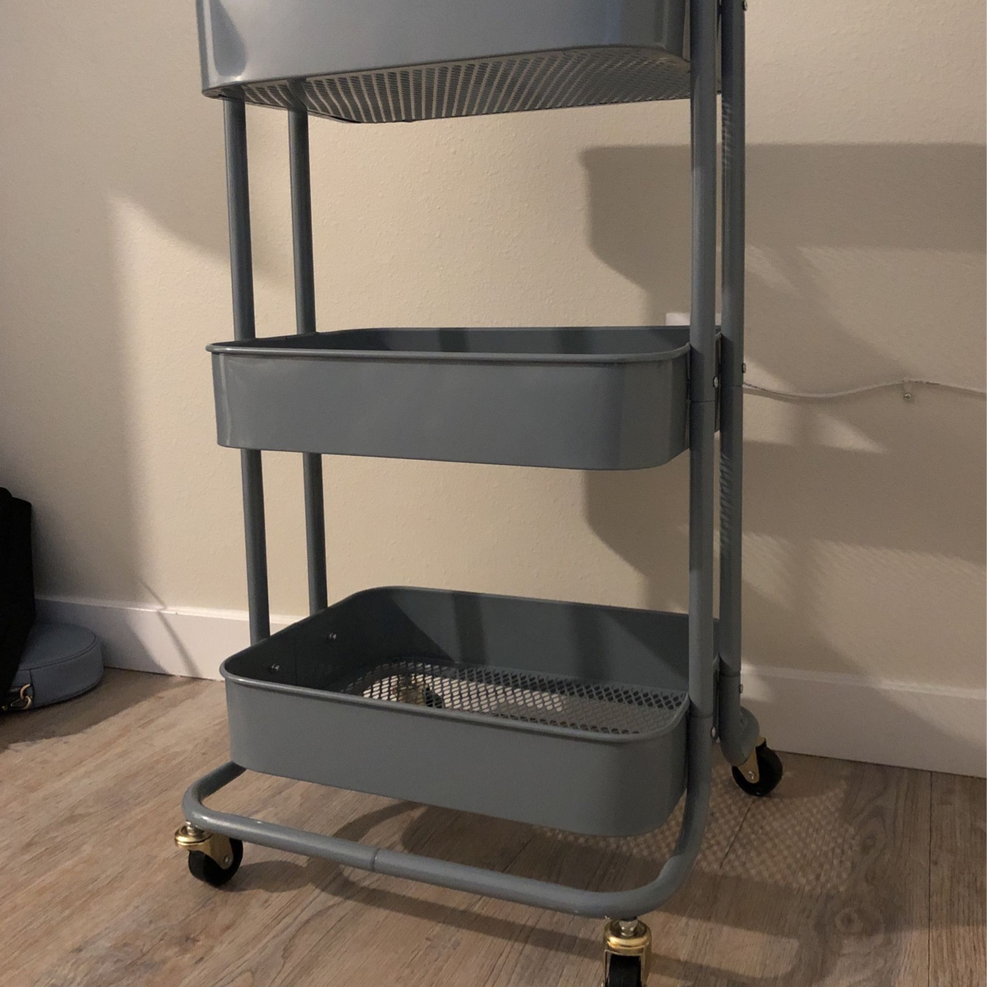 Blue 3-tiered utility cart, medium sized with wheels