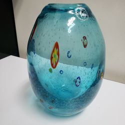 Margies Garden California Designer Modern Hand Blown Blue Infused Flowers Glass Vase


