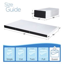 BRAND NEW 4-inch Queen Size Tri-Fold Memory Foam Mattress, Foldable for Indoor, RV/Camper Van, Trave
