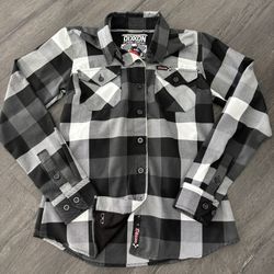 Dixxon Finish Line Flannel Shirt Womens Size S Black Gray Plaid Button Up