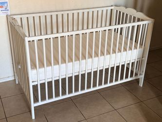IKEA Hensvik White Wood Adjustable Baby Crib with Mattress (LxWxH: 29” x 54” x 33”)