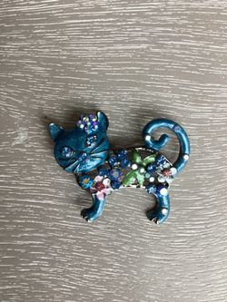 Betsey Johnson Blue Enamel Coated Kitty Brooch/Pendant W/ Sparkling Floral Blue & Pink Rhinestones