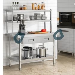 The worktable is 48"L x 24" W x 54.5"H,)(two sides is damage).NSF Stainless Steel Table with Adjustable Height, Storage  Overshelves, 2 Drawer, Kitche
