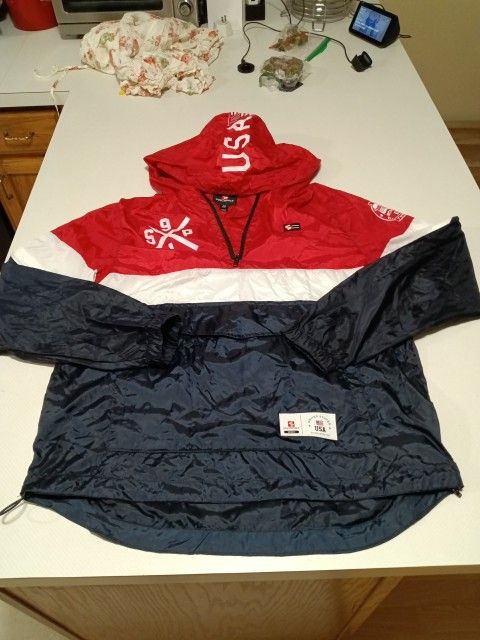 Vintage South Pole Men's M "Run The Block" 1/4 Zip Windbreaker w/hood R/W/B USA