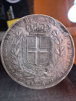 1844 Italian States Sardinia 5 Lire silver coin from the reign of Carlo Alberto, minted in Genoa. 