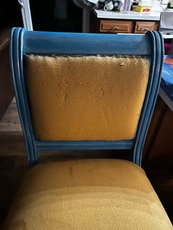 Vintage Upholstered Chair Blue Wood Frame  2  stools