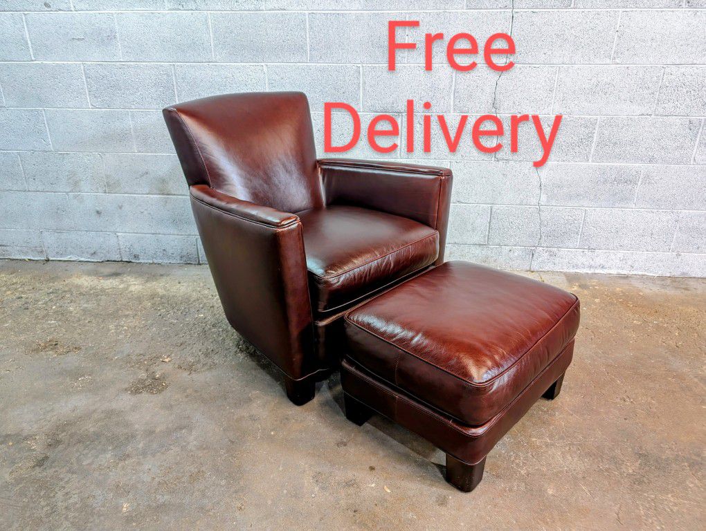Crate and Barrel Briarwood Leather Club Chair & Ottoman Free Delivery