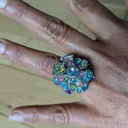 Rare Vintage Clustered Hearts Silver Pastel Multicolor Gemstones Ring 1.5". Adjustable, One Size. Classy Elegance!
