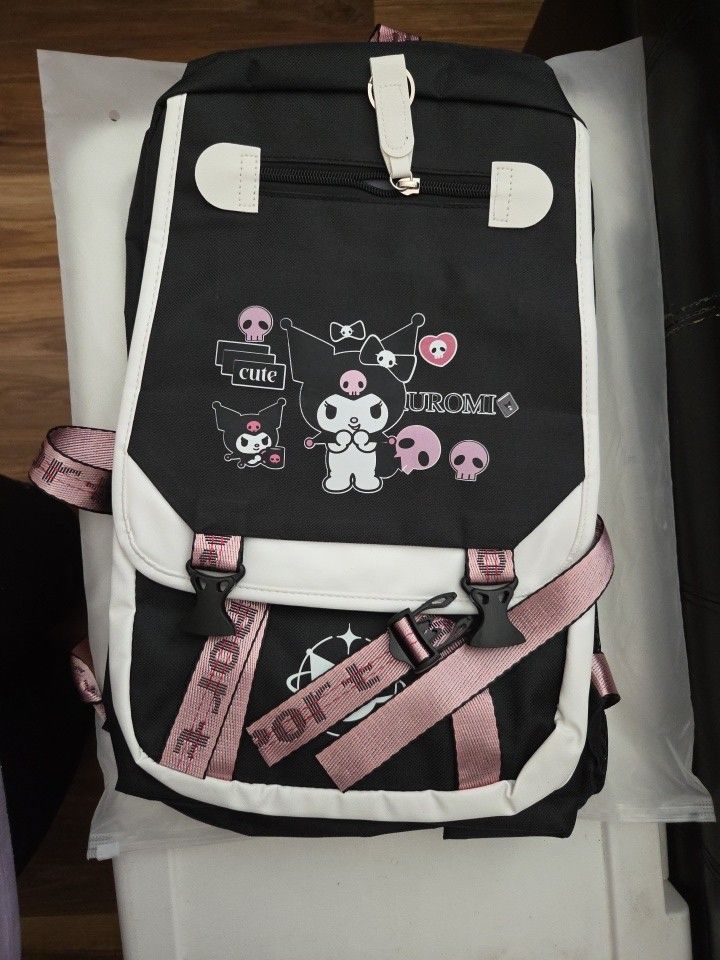 Kuromi Kids Black & Pink Backpack Fashionable Shoulder Bag w/ USB Charging Port
