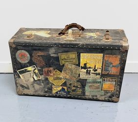 Steamer Trunk Covered With European Travel Labels Stickers Grand Hotels Etc