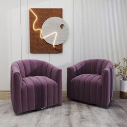 Set of 2 Swivel Accent Chair, Comfy Velvet Barrel Arm Chair, Pumpkin Shaped Curved Chair with Metal Base