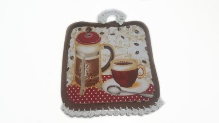 Oven Hanging Square Pot Holder Fancy Crocheted Delicate RuffleTrimming-Coffee Theme Kitchen