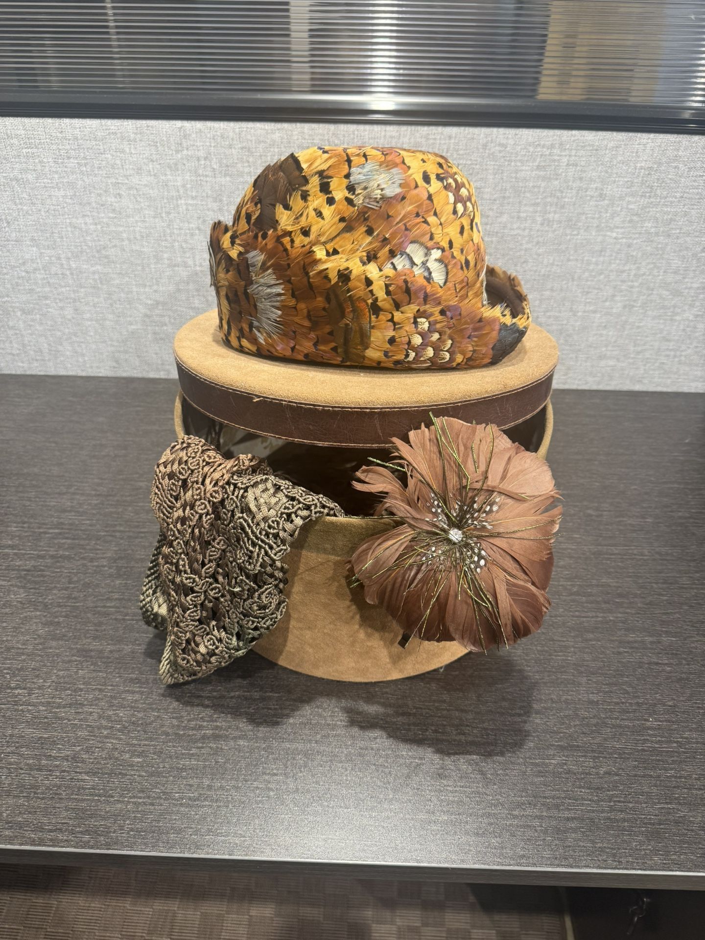 Vintage Madam Netters Pheasant Feather Hat, Box,Shawl, And Headband