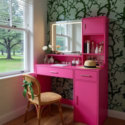 Homy Casa Matera 35” Blush Pink Lighted Makeup Vanity Desk with Storage Cabinet and Mirror for Bedroom Apartment Studio