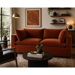 Albany Park Kova Pillow Cushion Sofa | Rust Performance Velvet | 86” - Delivery Available