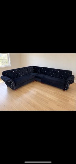 Navy Blue Velvet Tufted Sectional Sofa