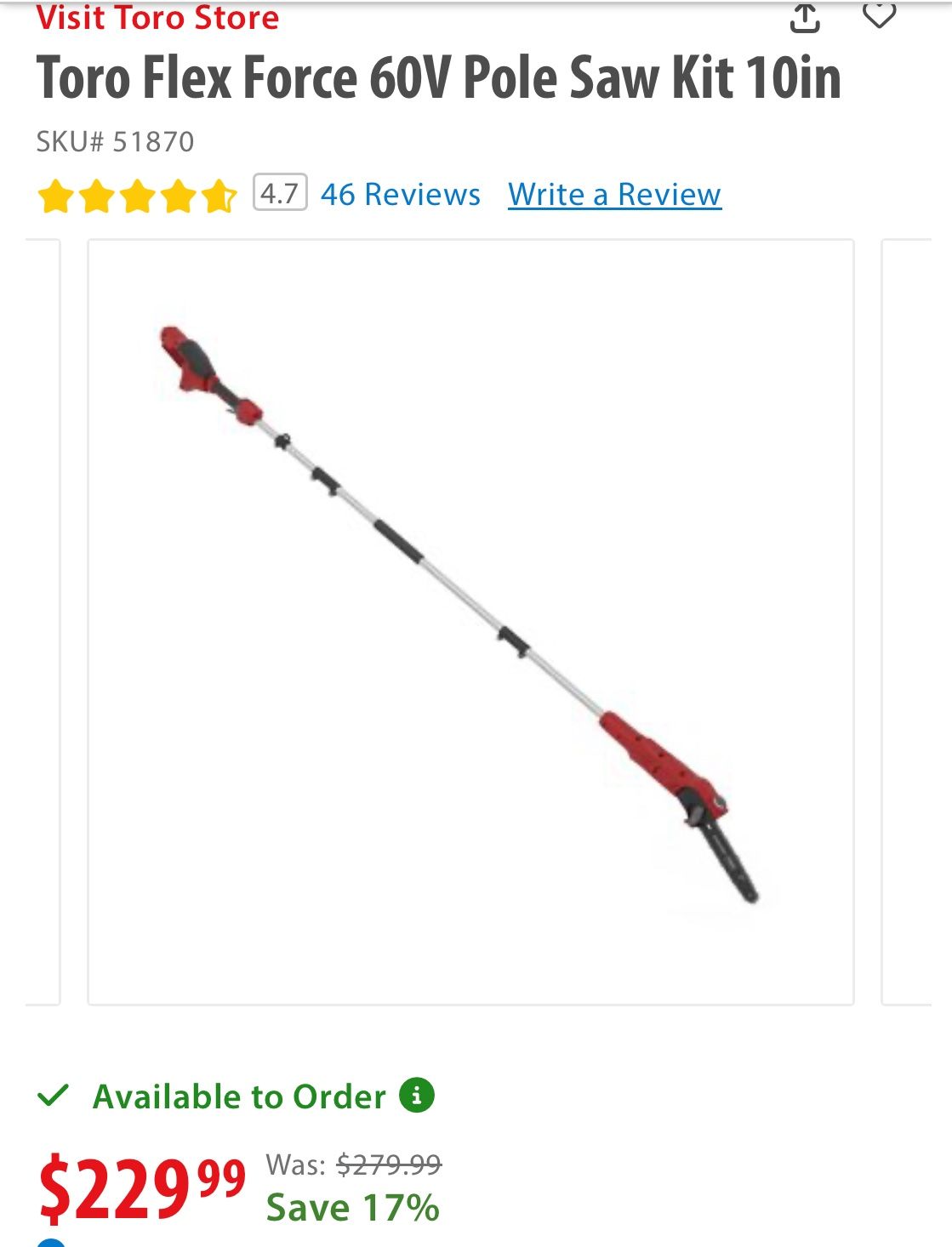 Toro Flex Force 60V Pole Saw 10in (Tool Only)