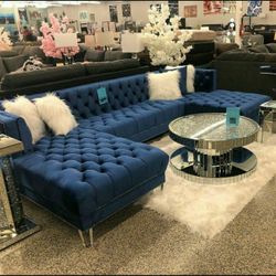 Prada Blue Velvet Double Chaise Sectional ⭐ Couch 2399