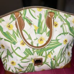 Dooney & Bourke White and Brown Tote with Tropical Print