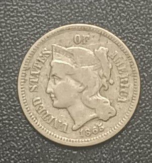 1865 VF/F+ Nickel 3 Cent with Die Clash Error 