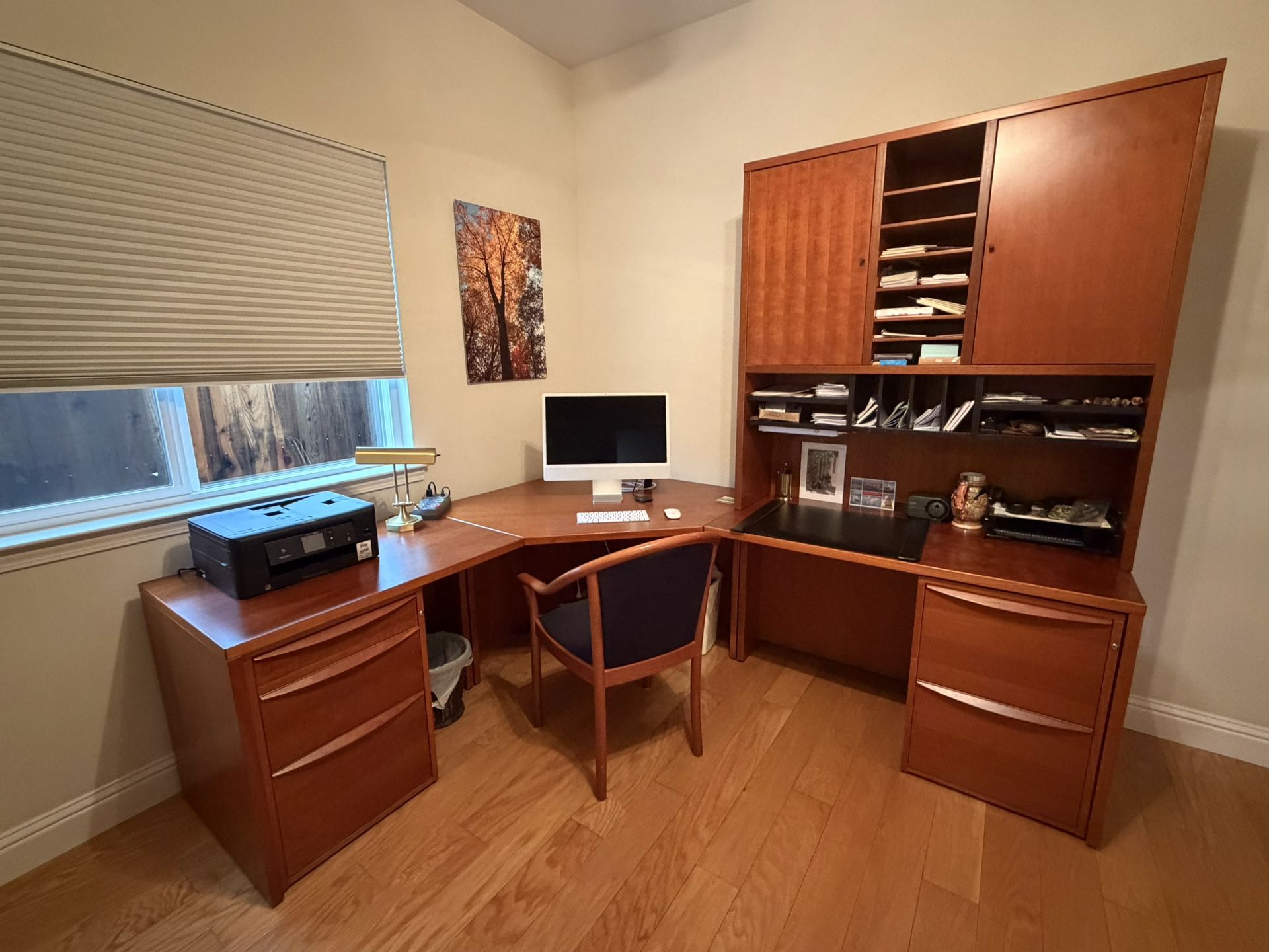Home Office L-Shaped Corner Desk with Hutch and Built In Filling Cabinets + Chair