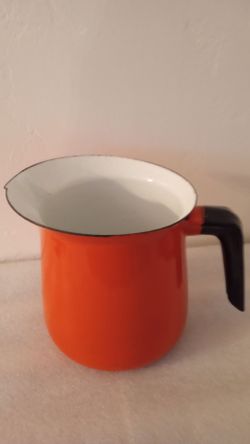 Vintage 1960's Orange Enamel Pitcher with Black Handle