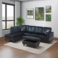 Dark Blue Sectional Couch Set With Ottoman 