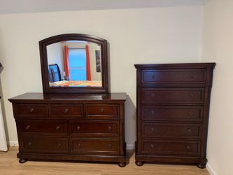 Long dresser with mirror and tall dresser