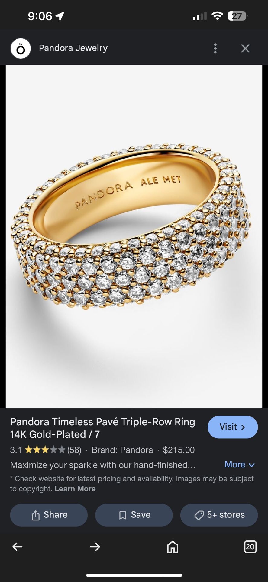 Triple Row Rosegold Finish Ring Size 7.5 From Pandora