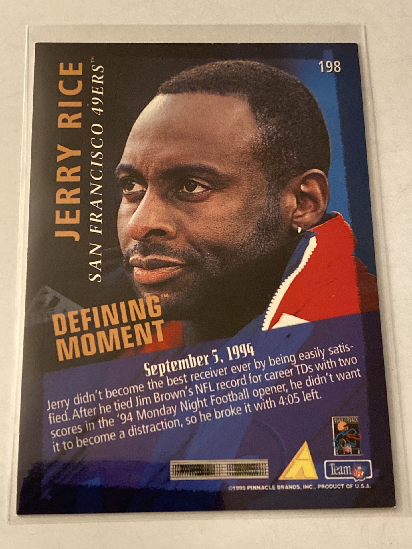 Jerry Rice San Francisco 49ers Hall of Fame WR Pinnacle Card.