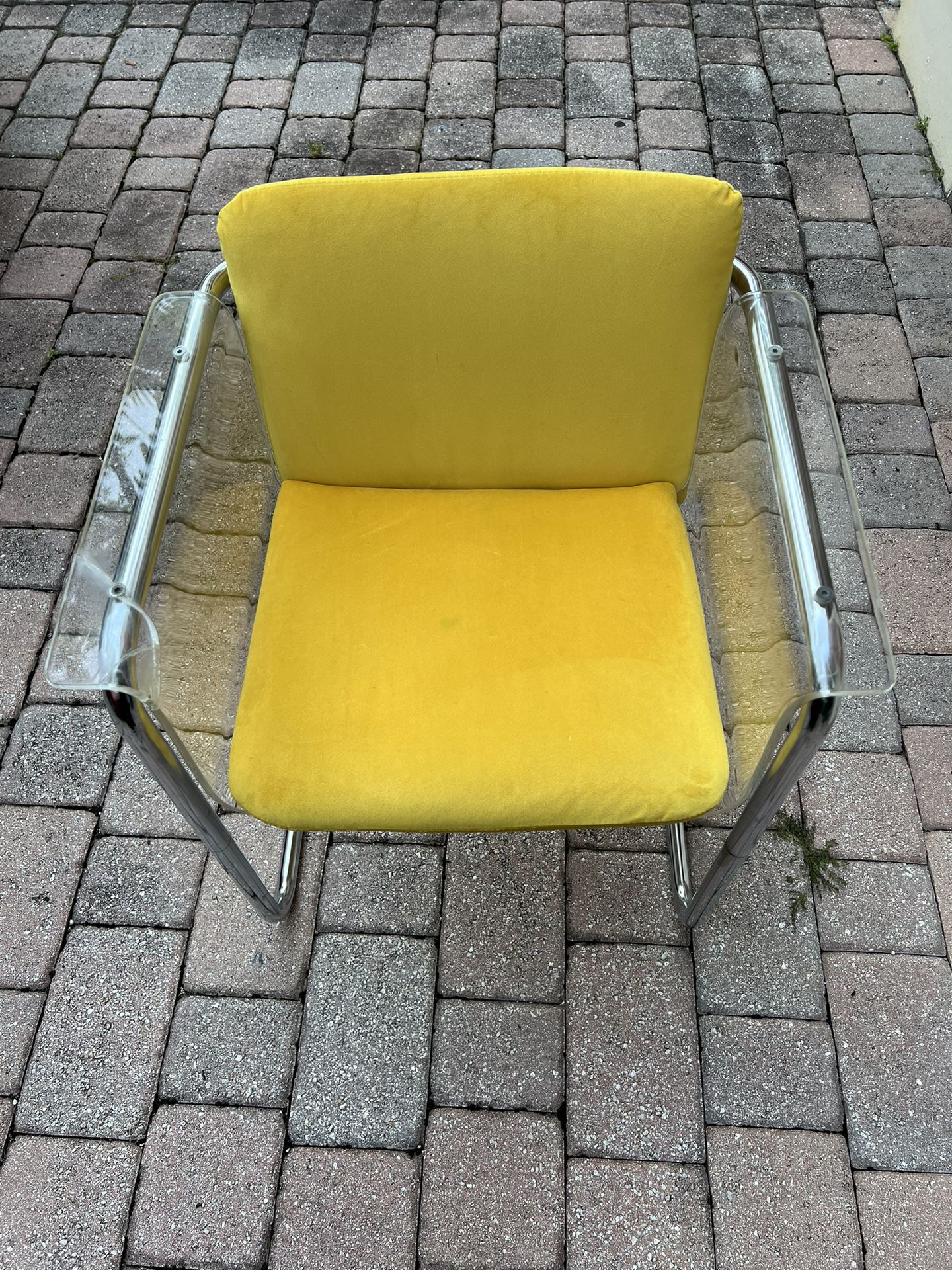 Art Deco Chair Yellow Velvet, Lucite And Chrome 