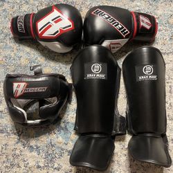 Headgear, gloves, shins guards