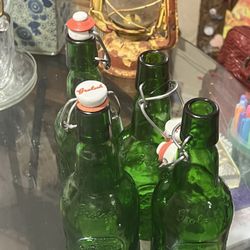 A Set Of 4vtge Green Depression Glass Bottles 