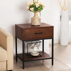 Brown Nightstand Modern End Table Side Table with Drawer and Storage Shelf Wood Night Stand Bedside Table