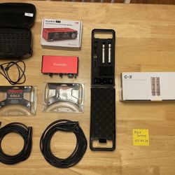 Focrusrite Scarlett, Mogami XLRs, Behringer C-2 Microphones recording equipment.