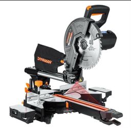 New Dovaman DMS01A sliding miter saw with a 3.54 x 13.4 inch cutting capacity. This tool has a 3200 RPM motor and includes a 48-tooth blade. It is a b