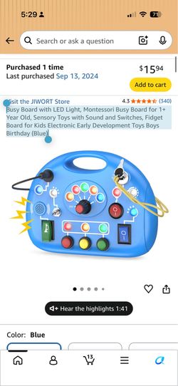 Busy Board with LED Light, Montessori Busy Board for 1+ Year Old, Sensory Toys with Sound and Switches, Fidget Board for Kids Electronic Early Develop